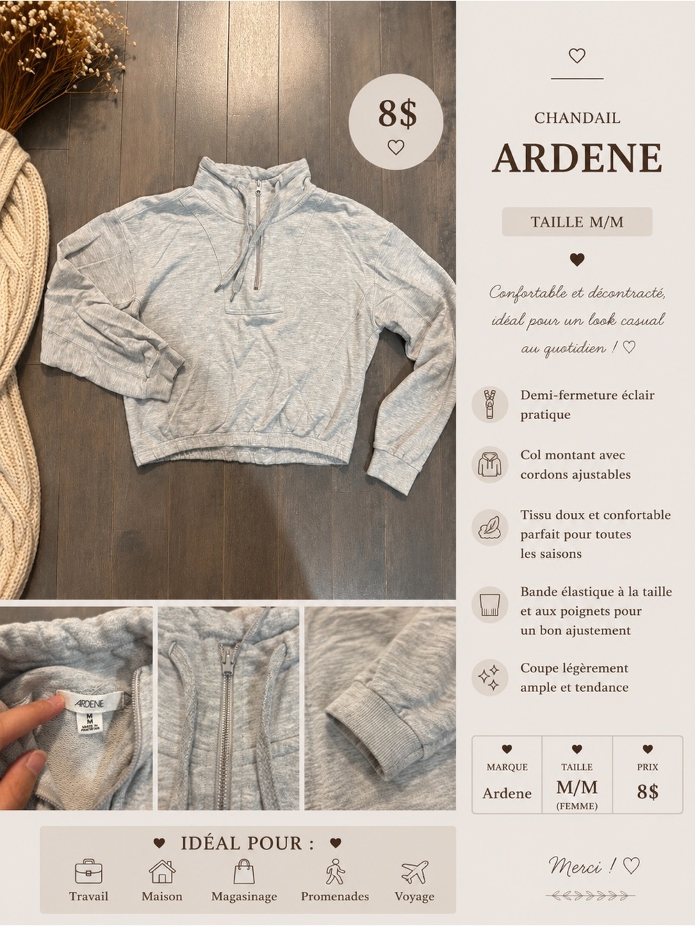 Ardene Heather Gray Half-Zip Cropped Pullover